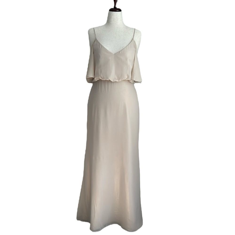 After Six Lux Shim V Neck Cold Shoulder Flounce Dress Bridesmaid in Gold Sz.10L